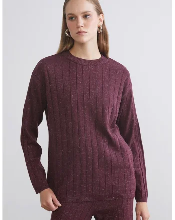Pulover din lurex cu decolteu la baza gatului, Violet tyrian
