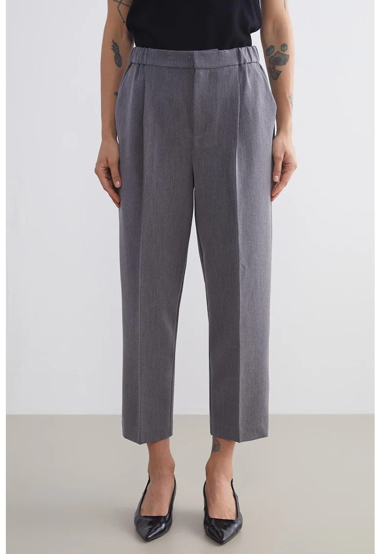 Pantaloni crop cu croiala dreapta si detalii cu pensa, Gri inchis