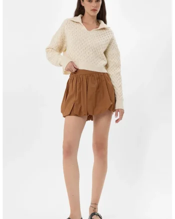 Fusta mini cu pantaloni scurti atasati dama,  talie inalta, textil, maro