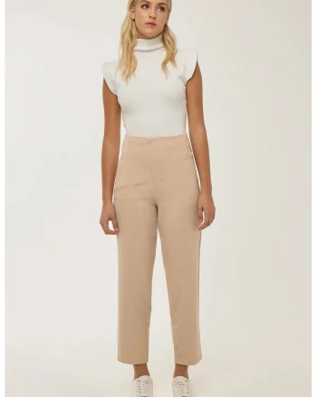 Pantaloni dama,  cu talie inalta, natur, textil