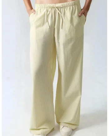 Pantaloni dama,  bumbac cu dungi, talie elastica, galben