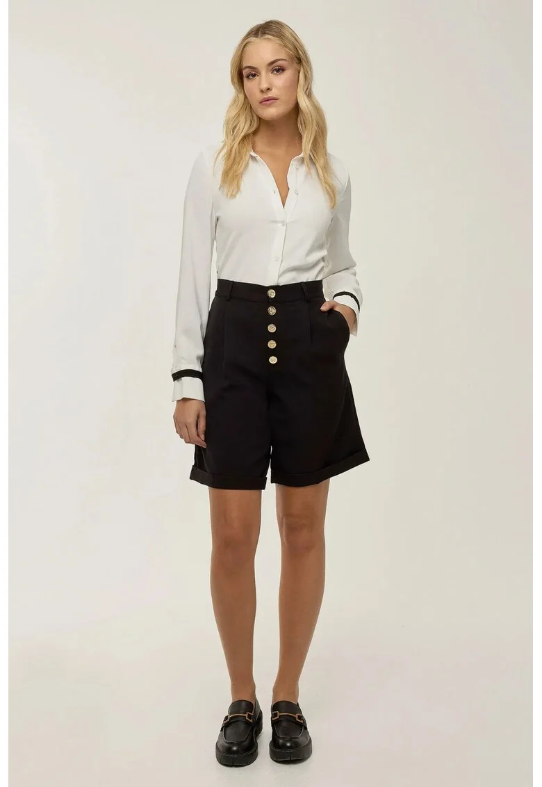 Pantaloni scurti dama  midi plisati, talie inalta, negru, poliester