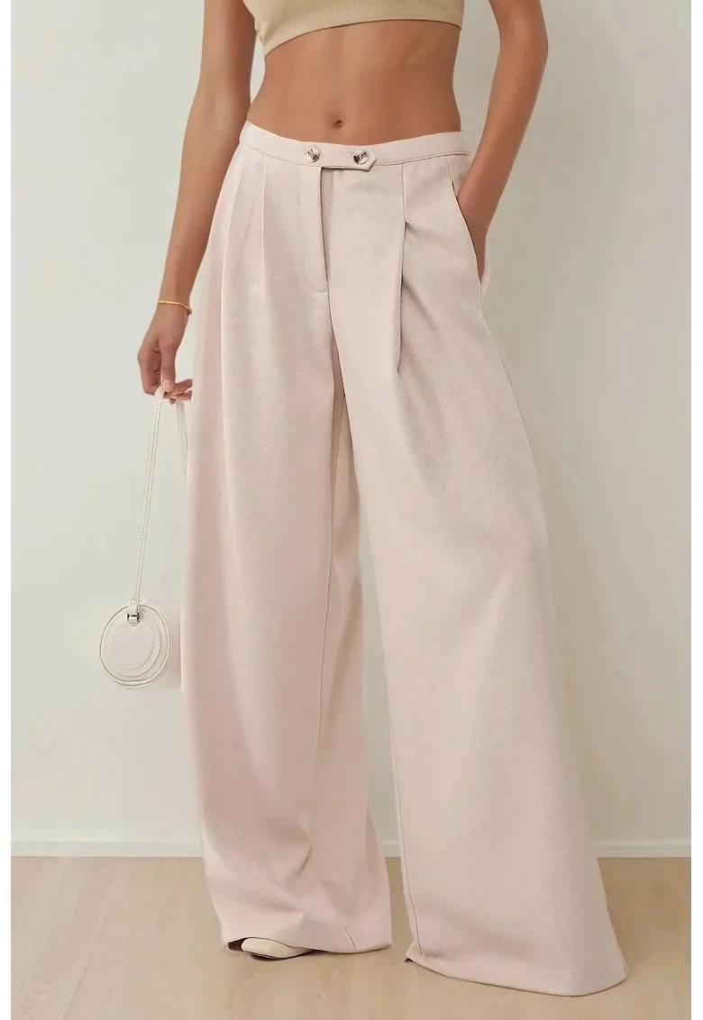 Pantaloni dama,  largi cu talie inalta, bumbac, natur