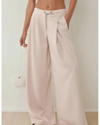 Pantaloni dama,  largi cu talie inalta, bumbac, natur