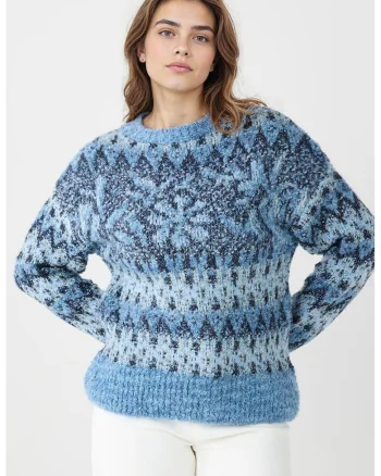 Pulover cu model, Alb/Albastru lavanda/Bleumarin