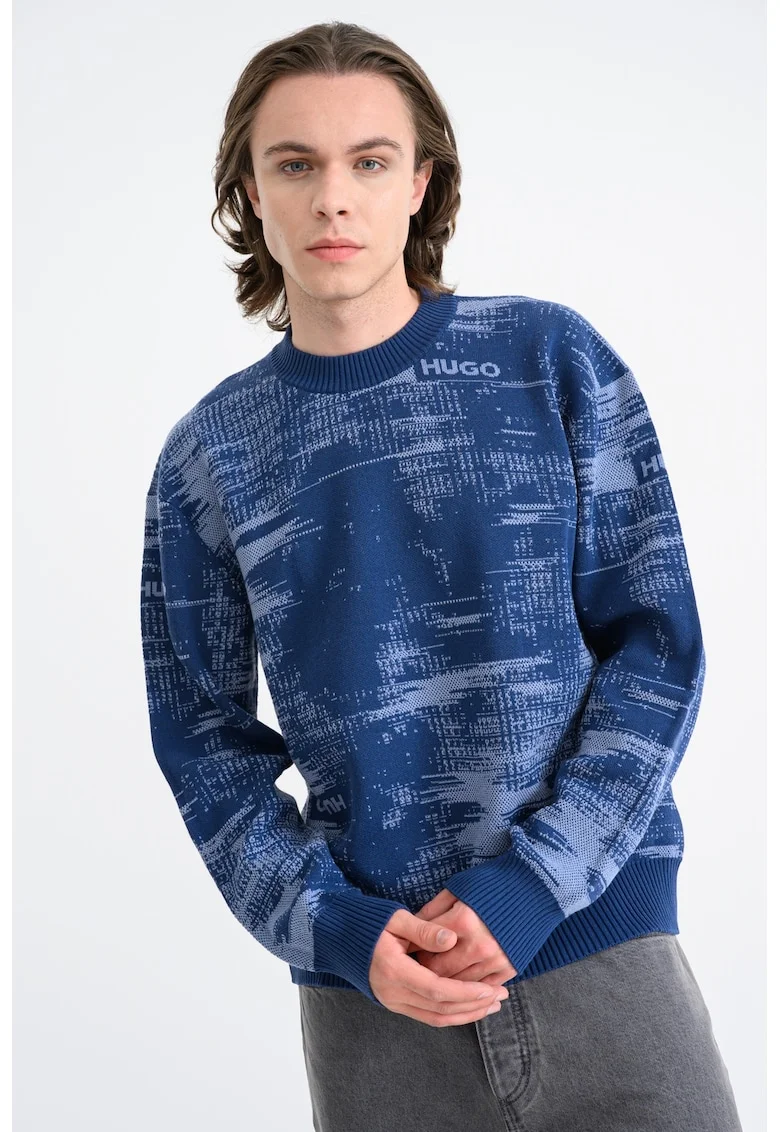 Pulover tricotat fin cu model abstract Sorbas, Albastru inchis/Albastru azur