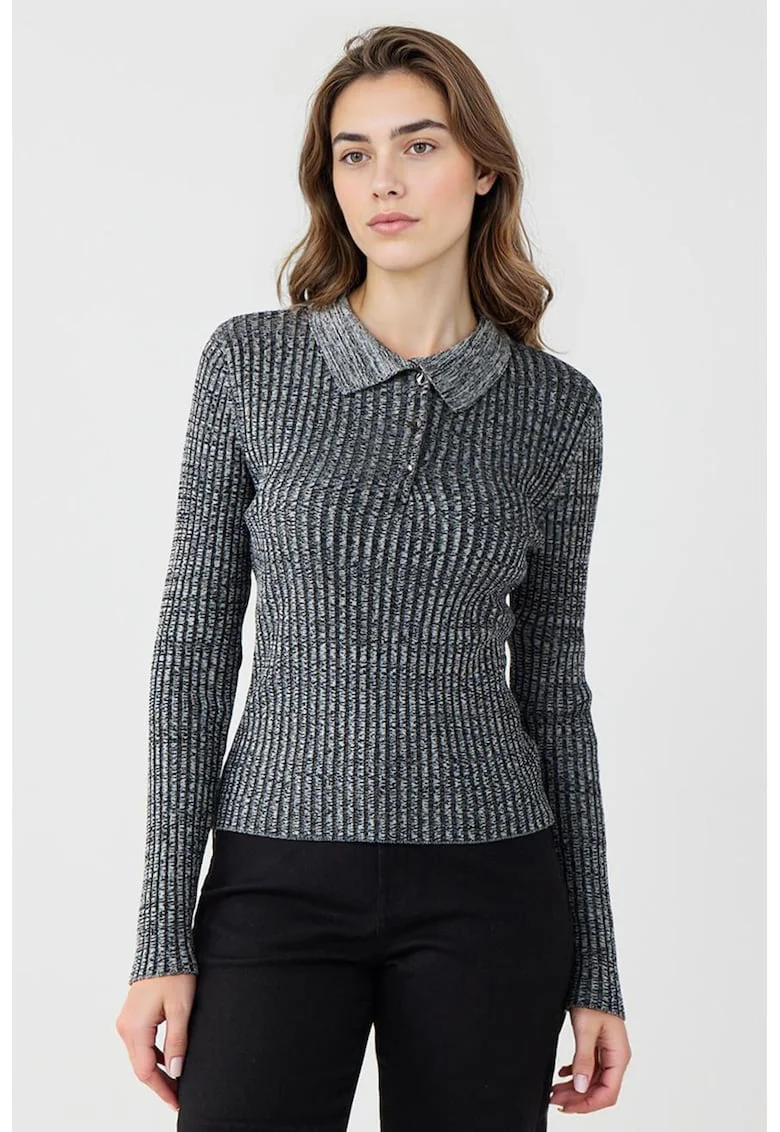 Pulover polo slim fit, Negru/Gri inchis