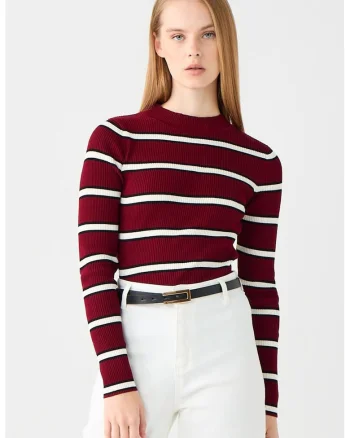 Pulover slim fit cu model in dungi, Alb/Negru/Rosu inchis