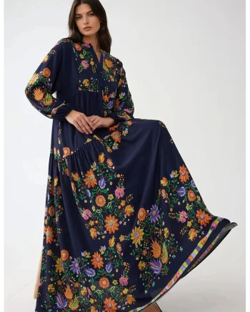 Rochie maxi,  decolteu in V, bleumarin, textil