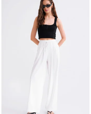 Pantaloni dama,  tip palazzo, talie inalta, alb, textil