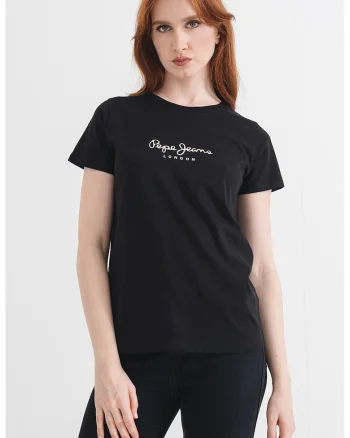 Tricou din bumbac cu decolteu la baza gatului si detaliu cu logo pe piept, Negru/Alb murdar