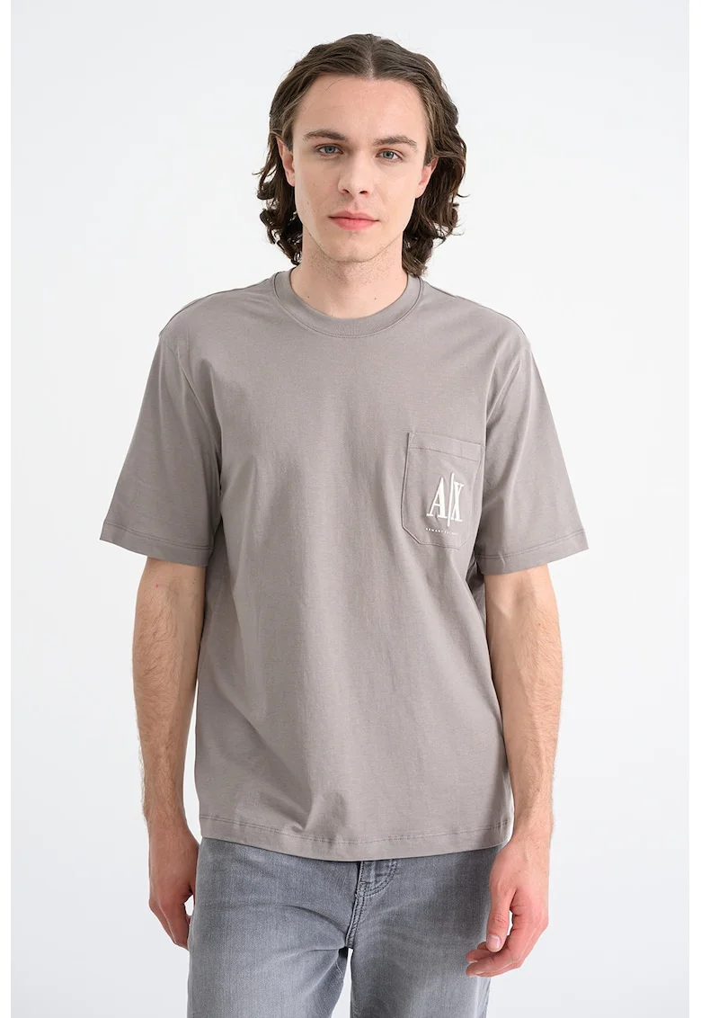 Tricou cu decolteu la baza gatului si buzunar pe piept, Maro taupe