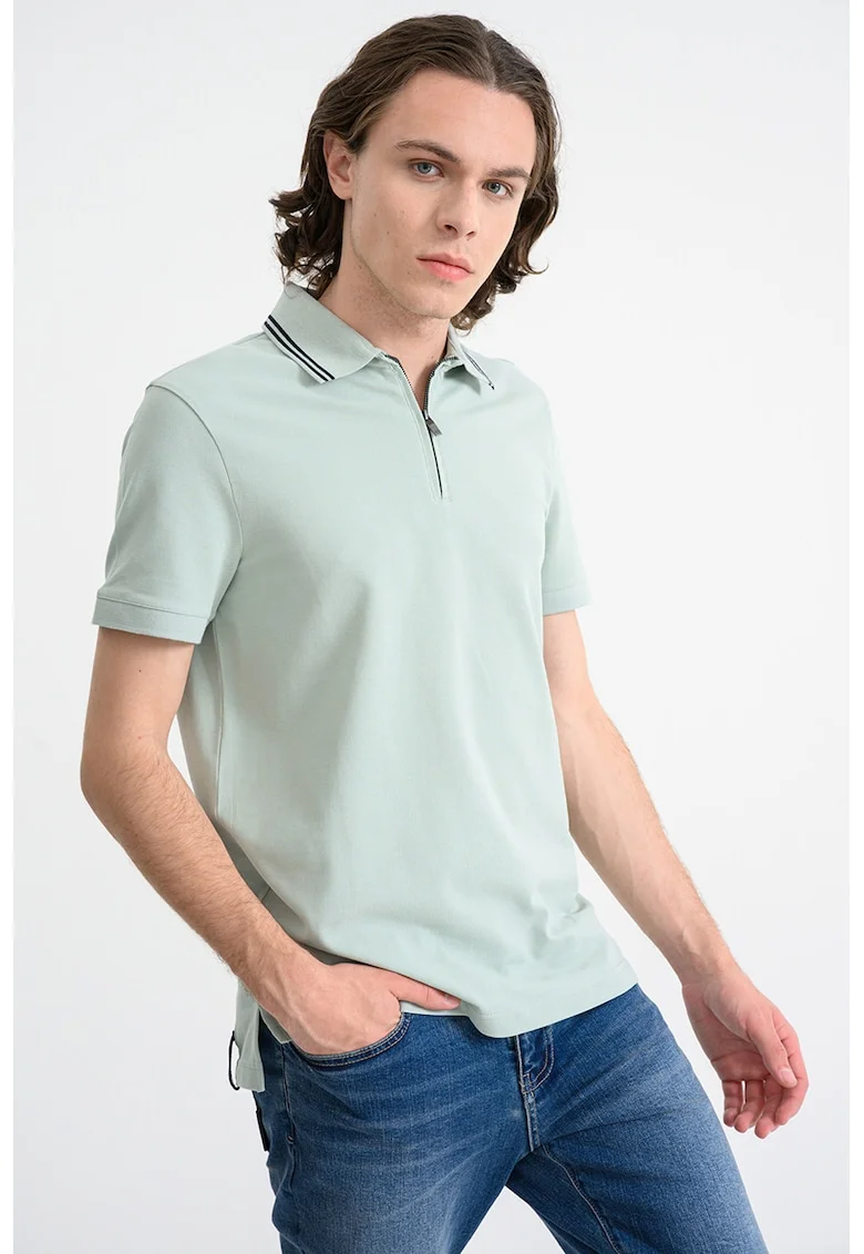 Tricou polo din bumbac cu fermoar scurt, Verde pal