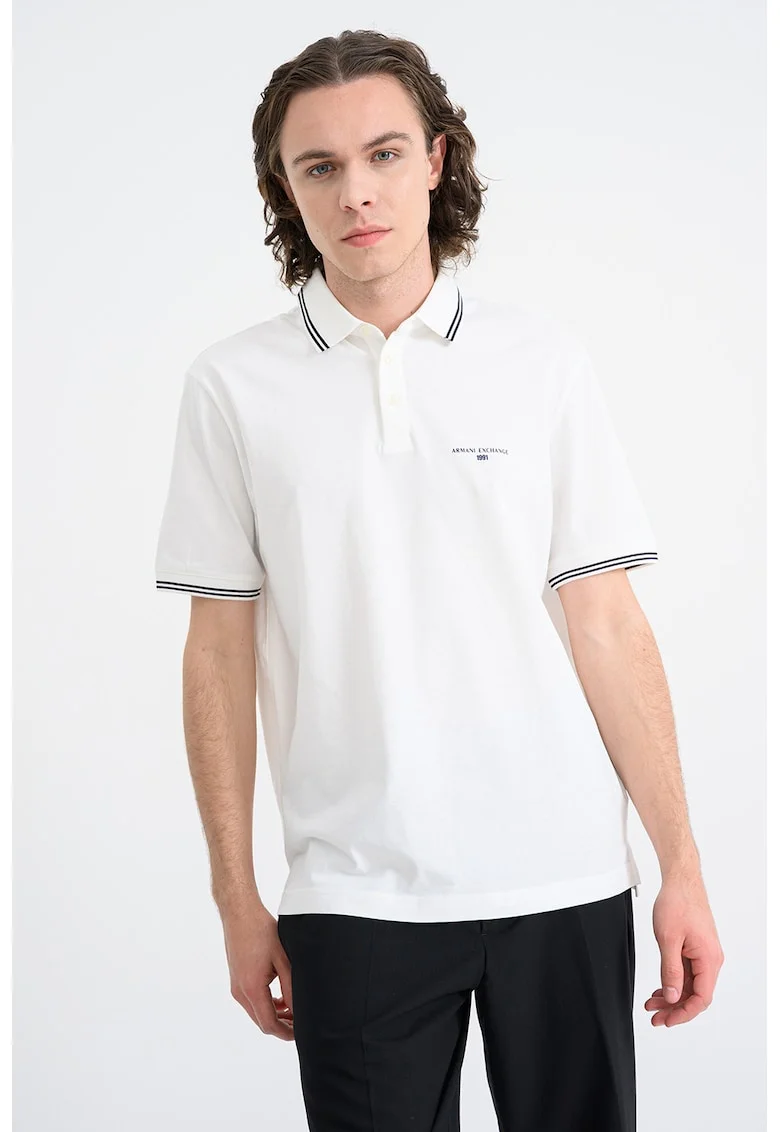 Tricou polo cu benzi contrastante, Alb/Negru
