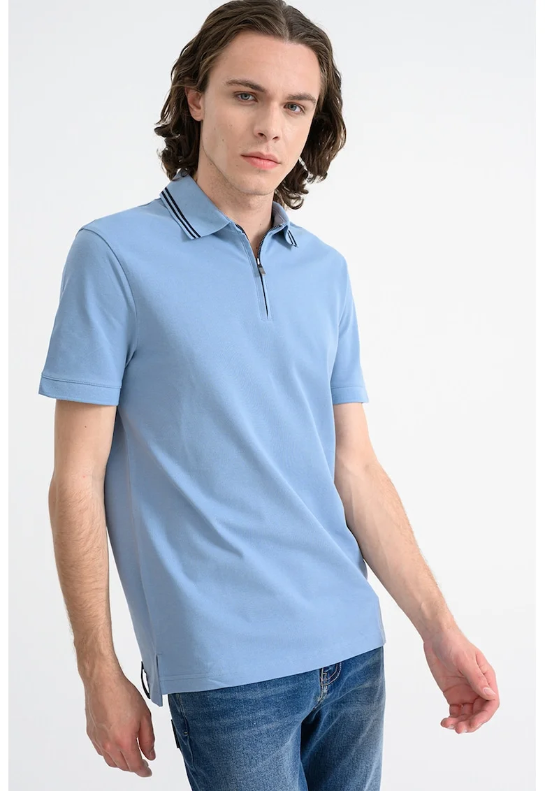 Tricou polo din bumbac cu fermoar scurt, Negru/Albastru lavanda