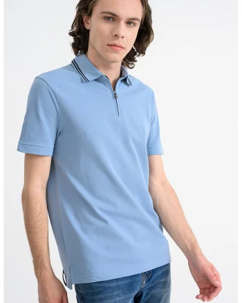Tricou polo din bumbac cu fermoar scurt, Negru/Albastru lavanda