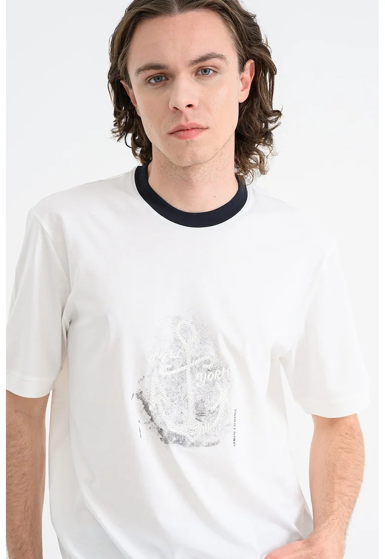 Tricou de bumbac cu decolteu la baza gatului, Negru/Alb murdar/Gri inchis