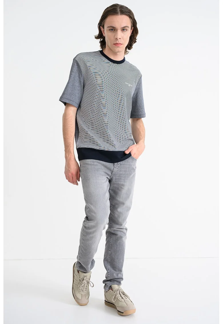 Tricou cu decolteu la baza gatului si dungi, Alb/Albastru ultramarin