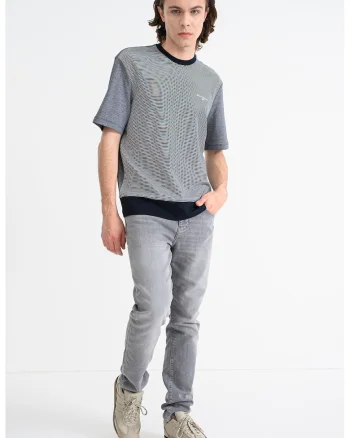 Tricou cu decolteu la baza gatului si dungi, Alb/Albastru ultramarin