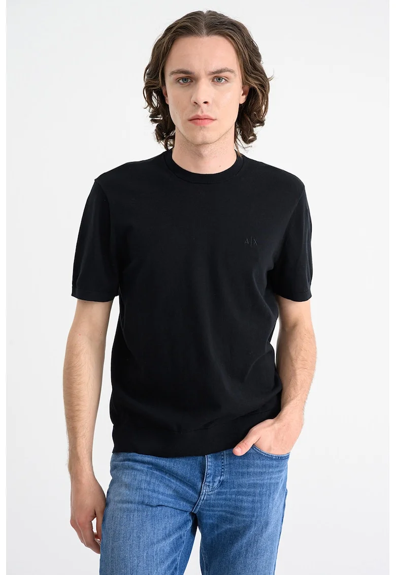 Tricou de bumbac cu decolteu la baza gatului, Negru