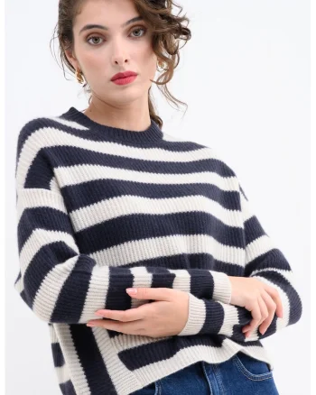 Pulover lejer din casmir, cu dungi, Alb/Bleumarin