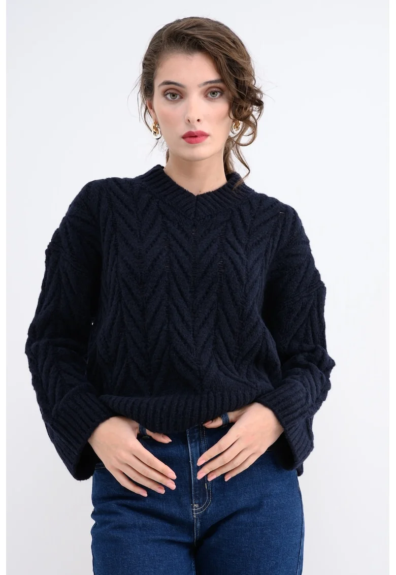 Pulover din amsetec de lana cu decolteu in V, Albastru ultramarin