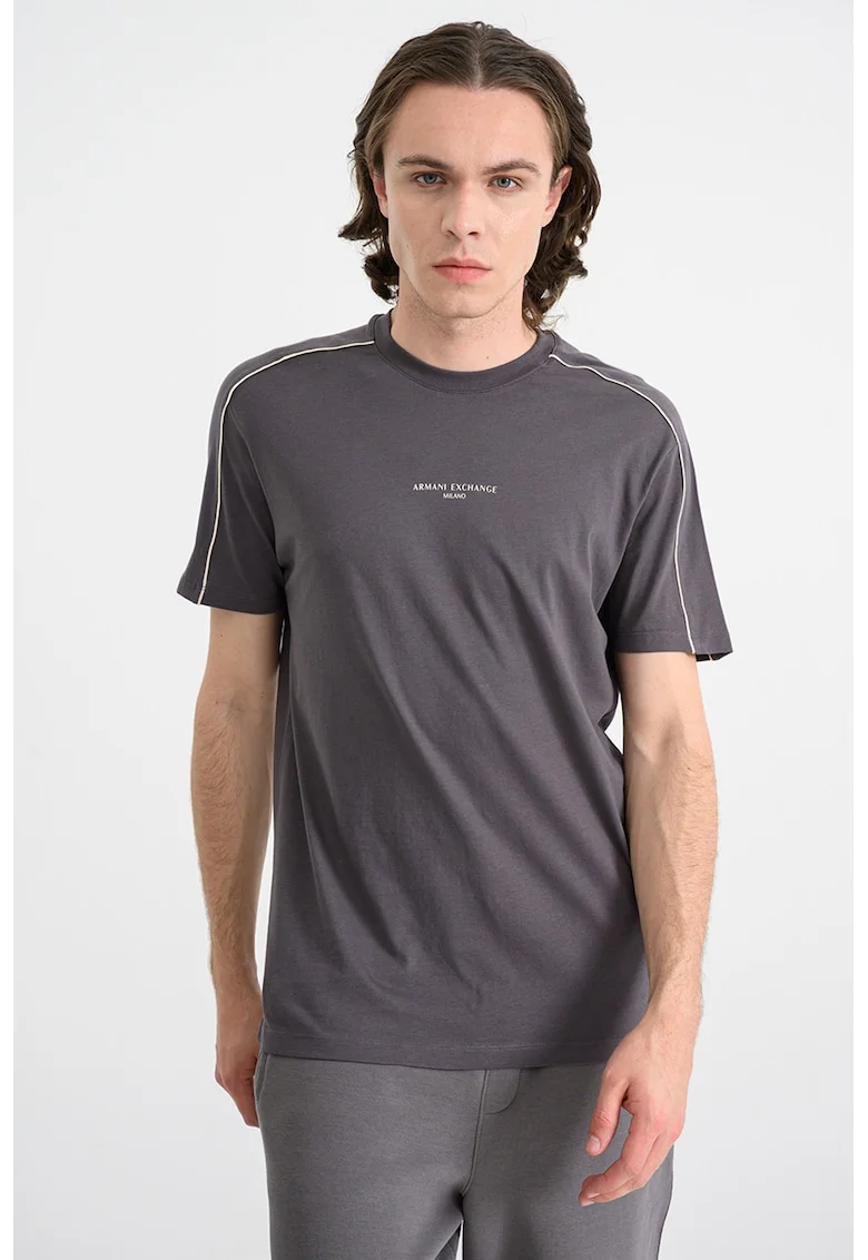 Tricou de bumbac cu decolteu la baza gatului si logo, Gri antracit