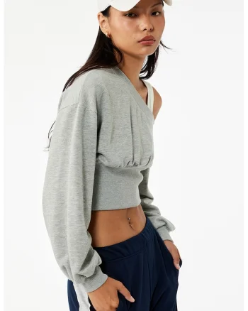 Bluza crop de trening cu decolteu pe un umar, Gri deschis