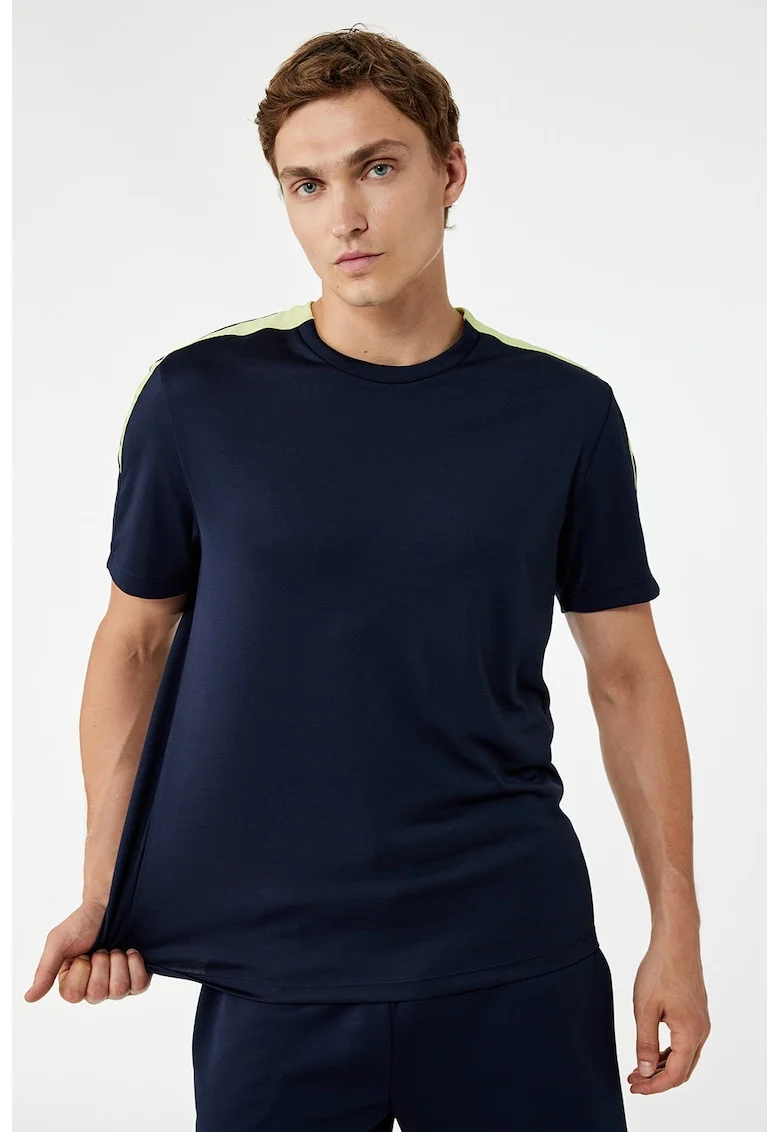 Tricou cu decolteu la baza gatului si detaliu contrastant, Bleumarin/Verde fistic