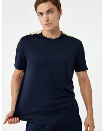 Tricou cu decolteu la baza gatului si detaliu contrastant, Bleumarin/Verde fistic