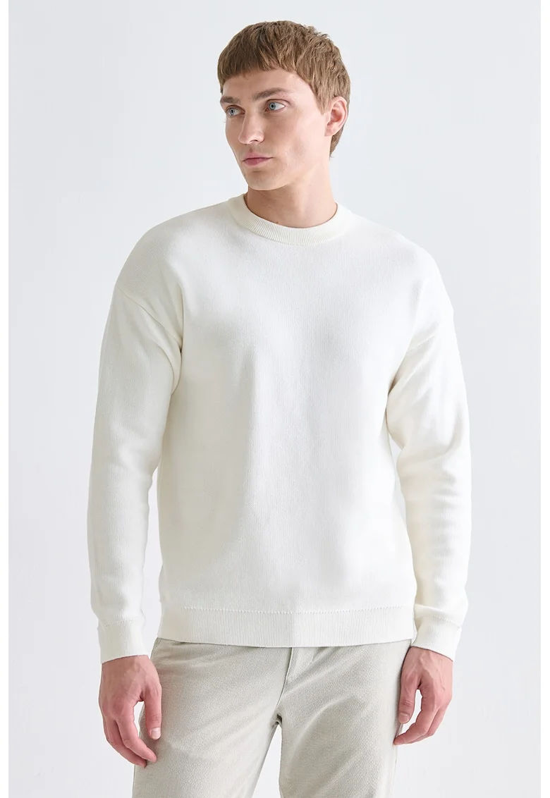 Pulover unisex cu decolteu rotund si maneci cazute, Alb murdar