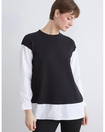 Bluza de trening cu maneci cazute si decolteu la baza gatului, Alb/Negru