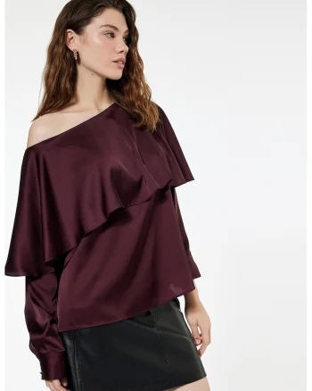 Bluza din satin cu model uni, Visiniu