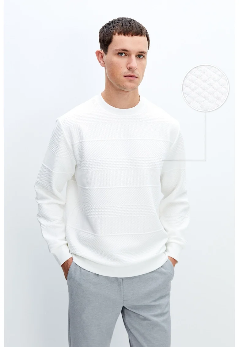 Bluza de trening cu model texturat si decolteu la baza gatu;ui, Alb