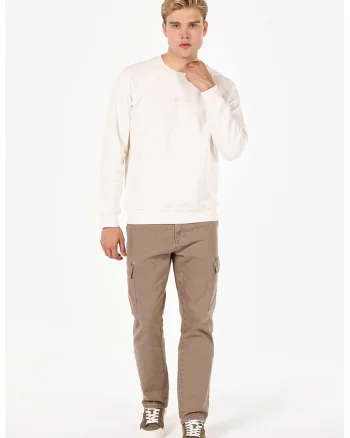 Bluza de trening cu decolteu rotund si text, Alb fildes