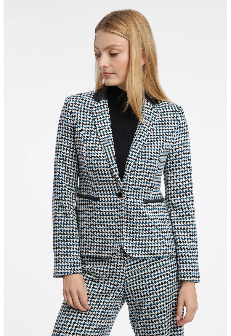 Sacou cambrat cu model houndstooth, Alb/Negru/Albastru petrol