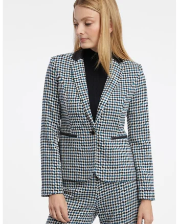 Sacou cambrat cu model houndstooth, Alb/Negru/Albastru petrol