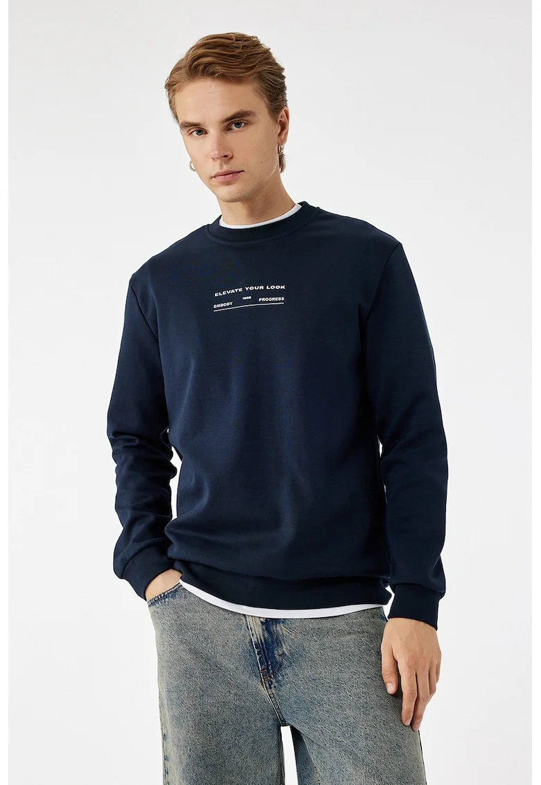 Bluza de trening cu decolteu la baza gatului si text, Bleumarin
