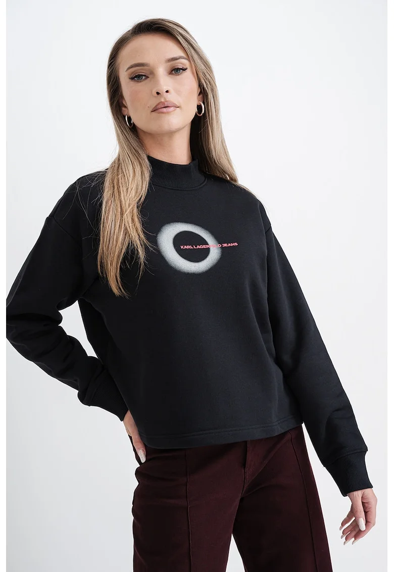 Bluza de trening cu decolteu la baza gatului si imprimeu logo, Negru