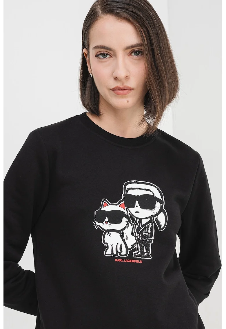 Bluza de trening cu decolteu la baza gatului si imprimeu logo, Negru