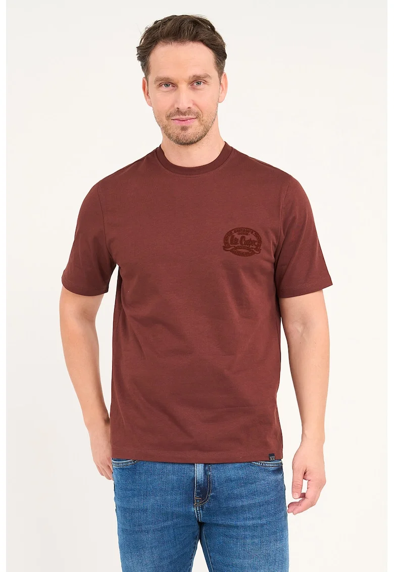 Tricou cu decolteu la baza gatului si logo, Maro cognac