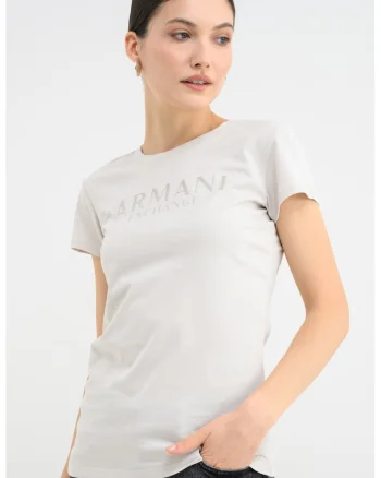 Tricou slim-fit cu imprimeu pe piept, Alb fildes/Argintiu