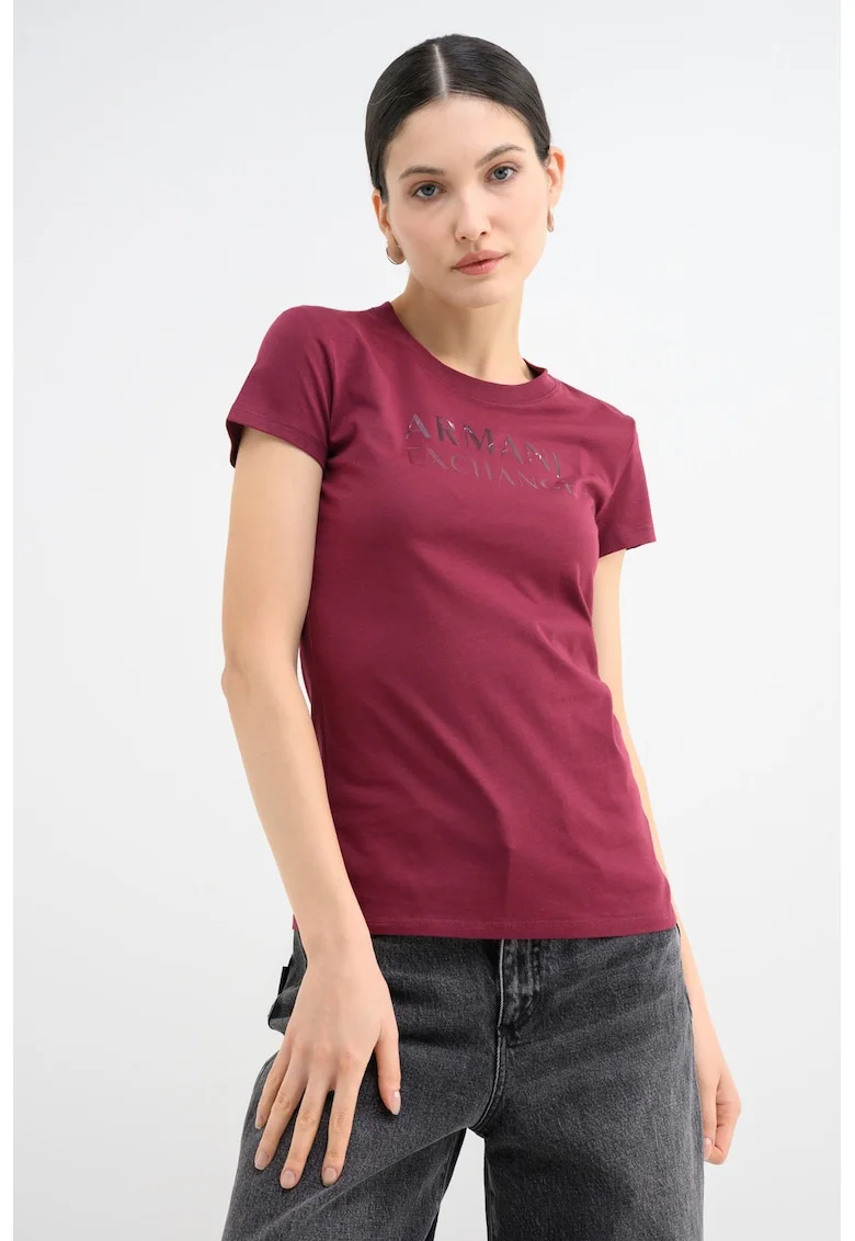 Tricou slim-fit cu decolteu la baza gatului si logo, Visiniu