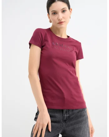 Tricou slim-fit cu decolteu la baza gatului si logo, Visiniu