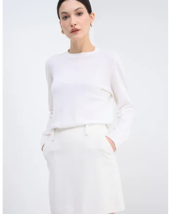 Pulover uni de lana virgina, Alb fildes