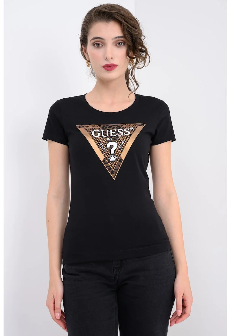 Tricou slim fit cu strasuri si logo, Negru/Negru stins