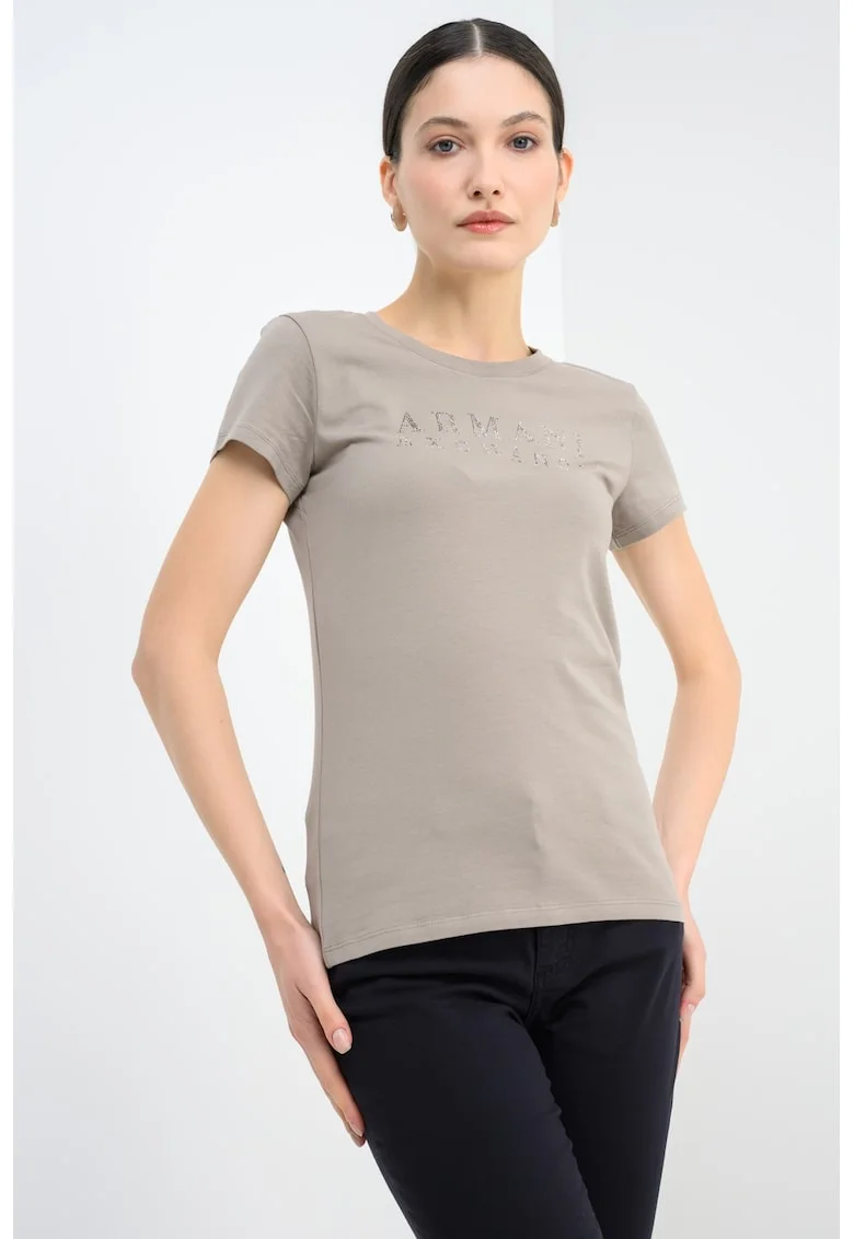 Tricou slim-fit decorat cu logo, Maro taupe/Argintiu