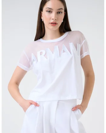 Tricou cu broderie logo si segment semitransparent, Alb