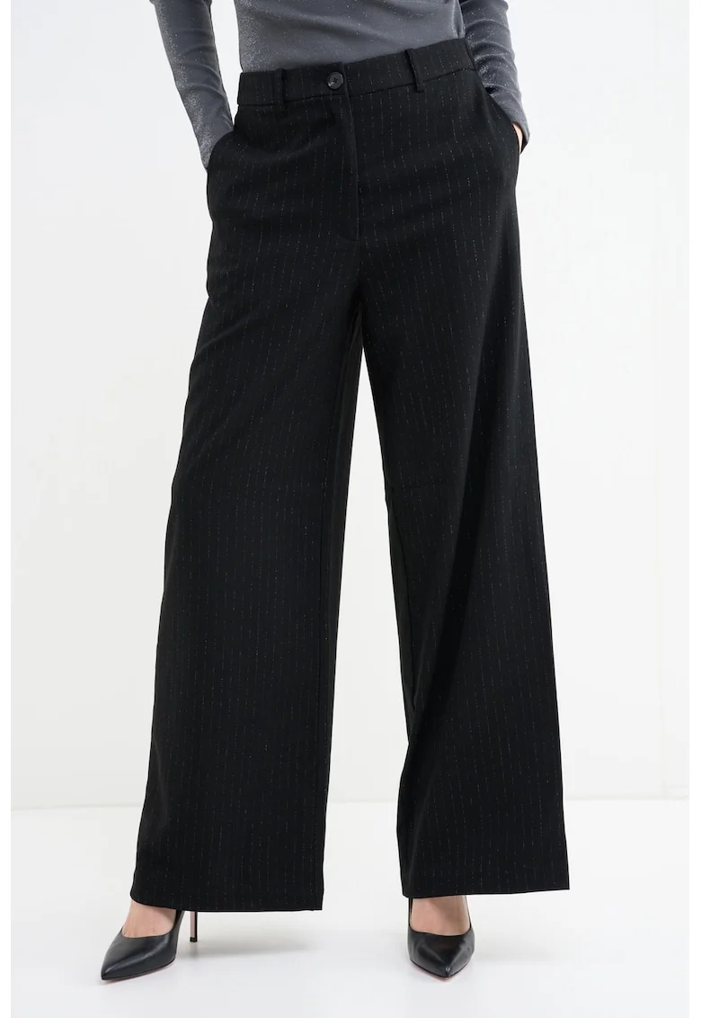 Pantaloni cu croiala ampla si model cu dungi discrete, Negru