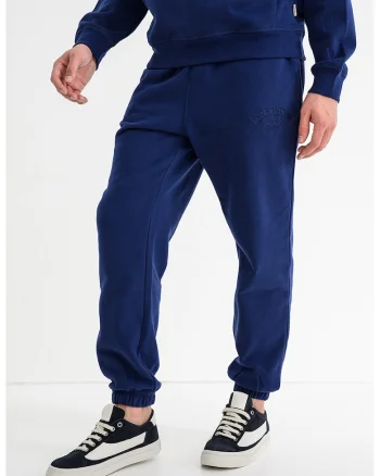 Pantaloni de trening din amestec de bumbac organic cu talie medie si snur de ajustare, Albastru inchis